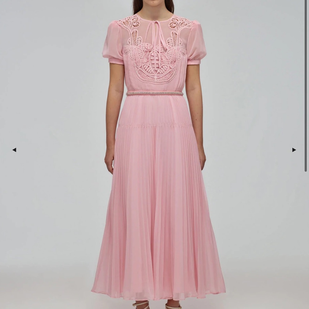 Pink Macrame Lace Chiffon Midi Dress